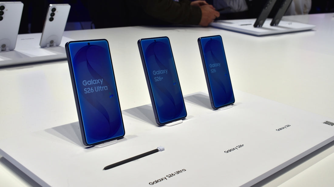 Three samsung galaxy smartphones displayed on a white surface.
